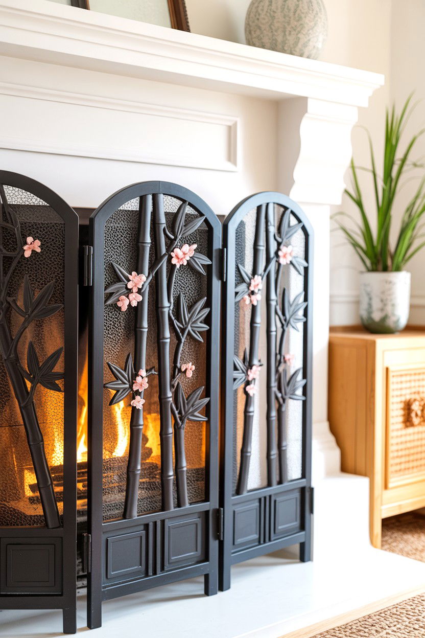 Asian Inspired Screen with Bamboo Motif - 30 fireplace screen ideas