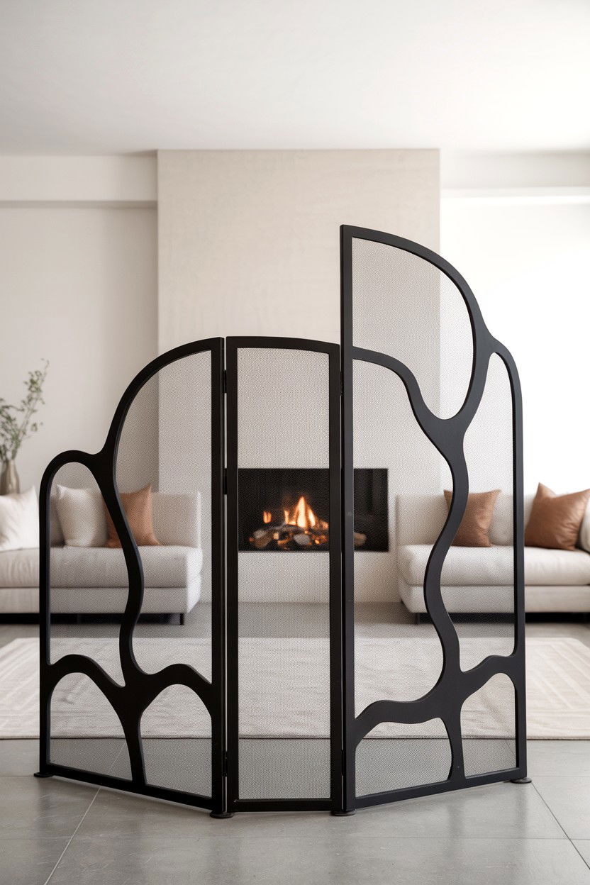 Asymmetric Modern Sculpture Screen - 30 fireplace screen ideas