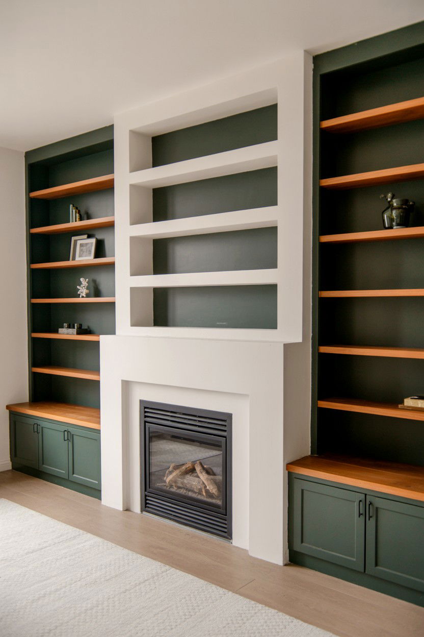 Asymmetrical Built In Shelving with Offset Fireplace - 30 built in fireplace ideas