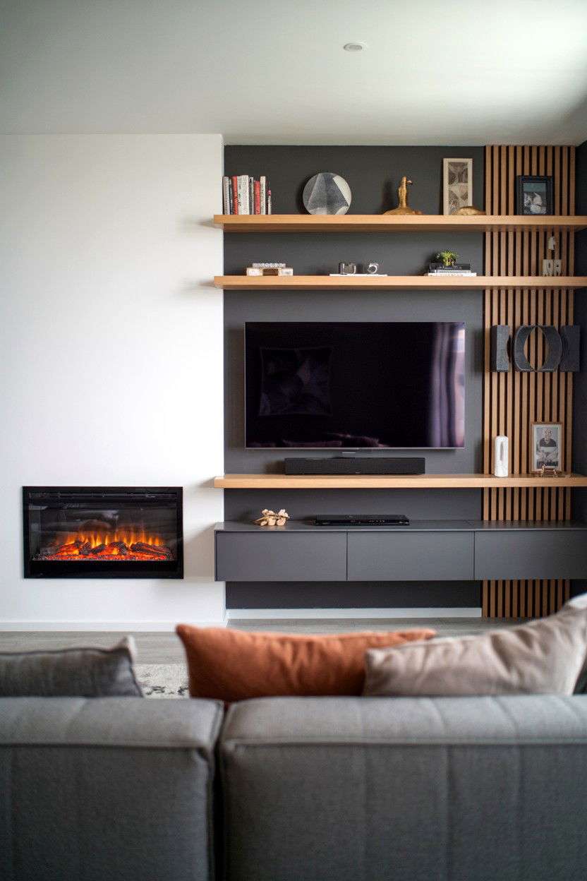 Asymmetrical Design With Offset TV Placement - 30 electric fireplace ideas with tv