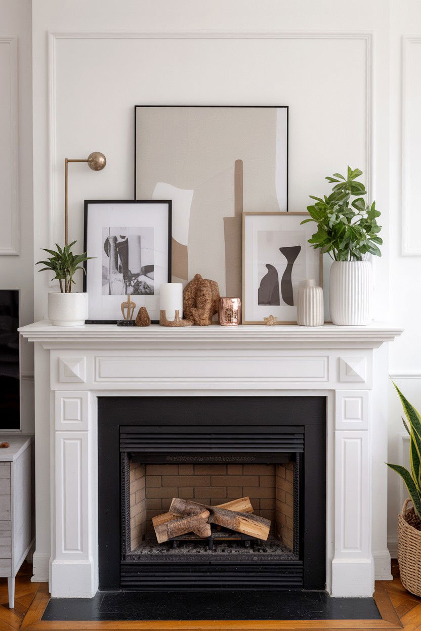 Asymmetrical Mantel Styling with Modern Balance - 30 cozy fireplace aesthetic ideas