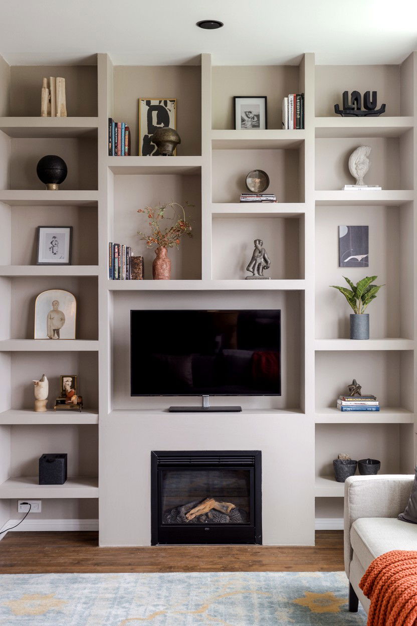 Asymmetrical Shelving with Off Center TV - 30 tv over fireplace ideas