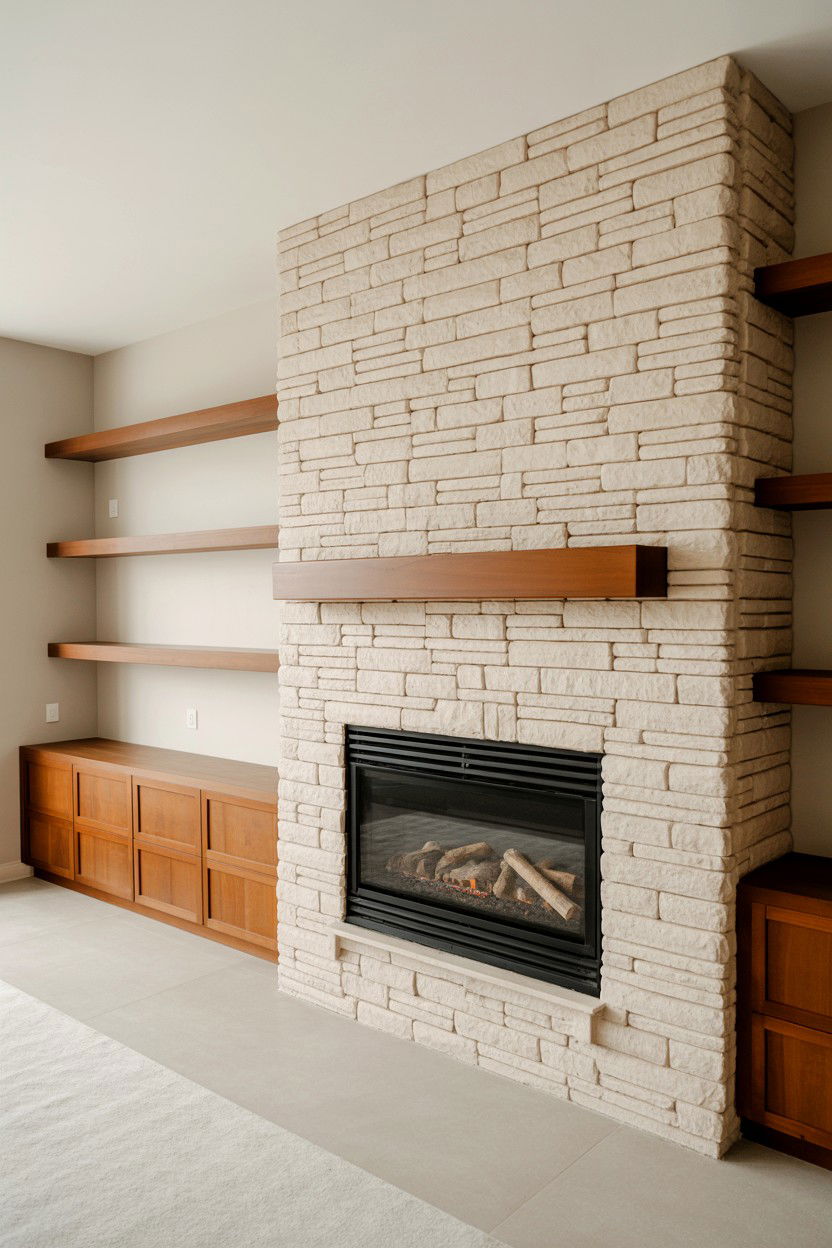 Asymmetrical Stone and Wood Combination - 30 gas fireplace ideas