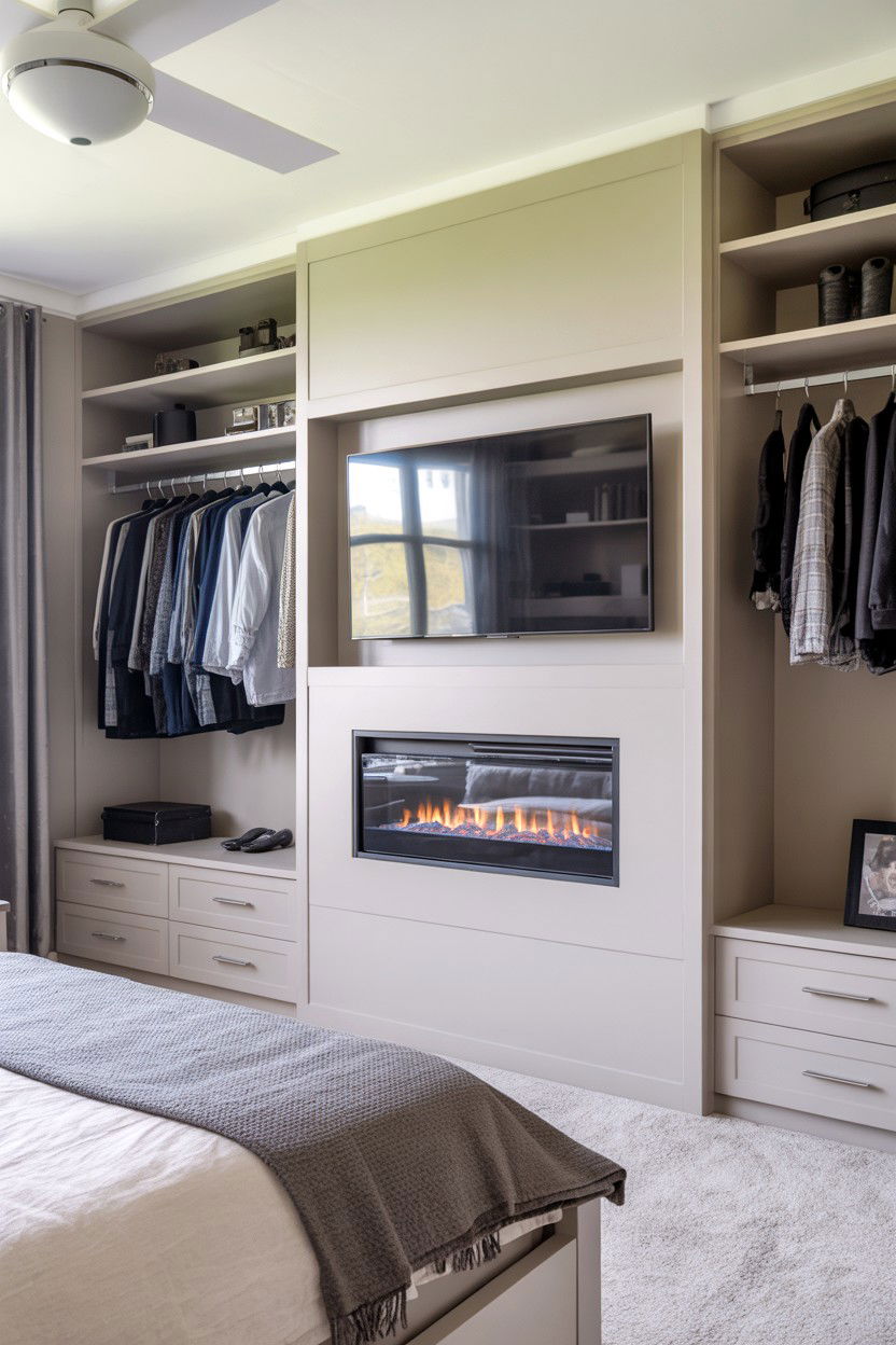 Bedroom Fireplace with Built In Dresser and TV Niche - 30 built in fireplace ideas