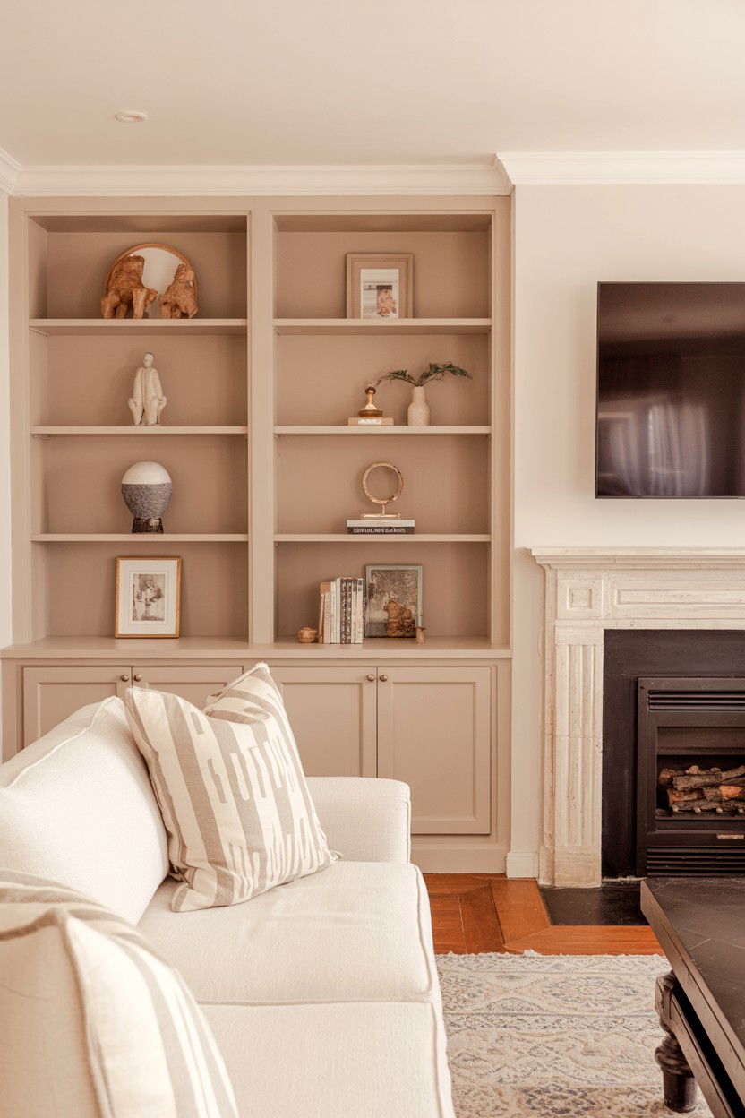 Beige or Greige Built Ins for Warm Neutrality - 30 built ins around fireplace ideas