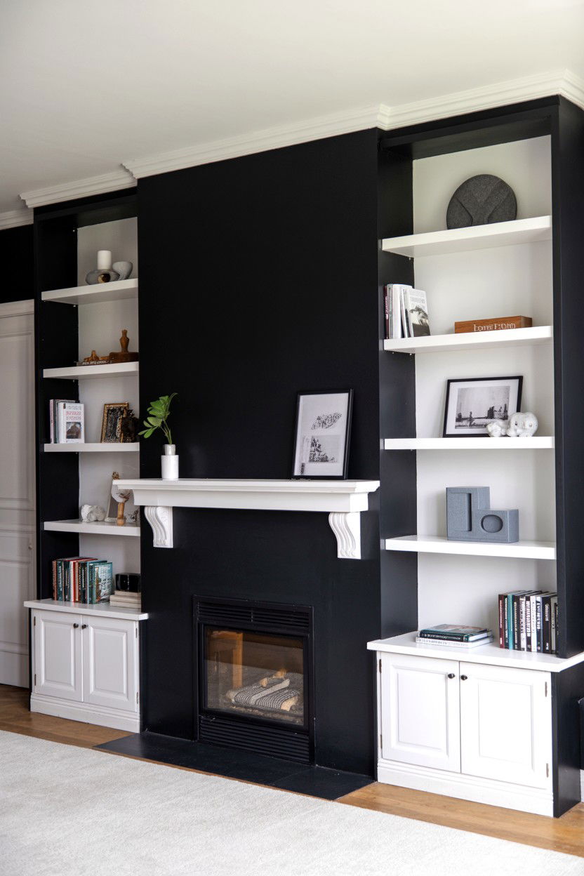 Black Accent Wall Behind Built In Fireplace with White Shelving - 30 black fireplace wall ideas
