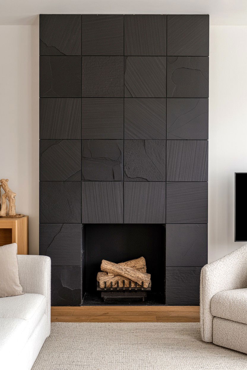 Black Basalt Tile Fireplace with Natural Stone Texture - 30 black fireplace wall ideas