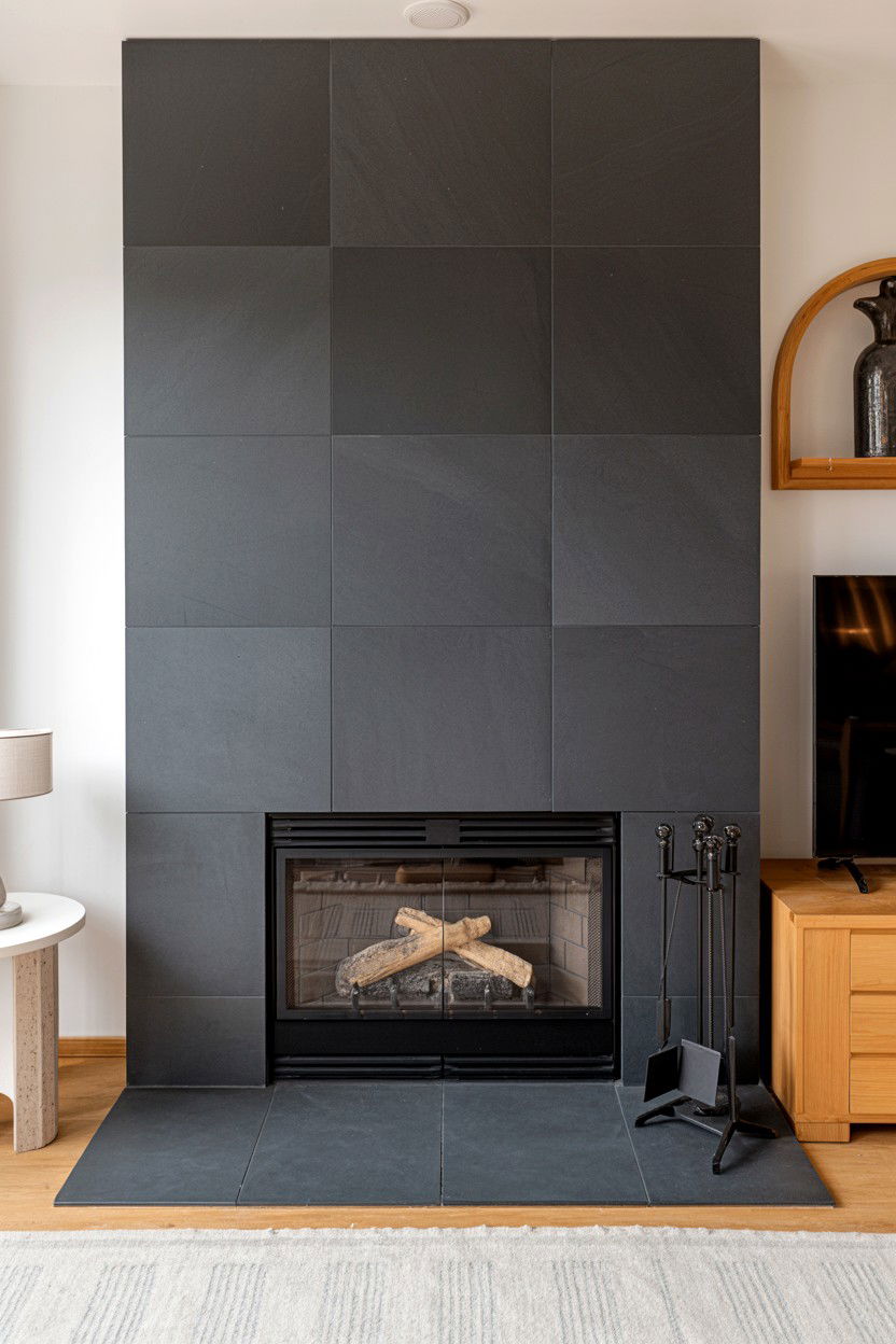 Black Basalt Tile Fireplace with Uniform Matte Surface - 30 black fireplace ideas