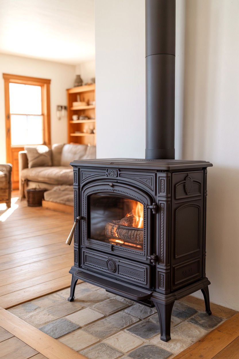 Black Cast Iron Wood Burning Stove with Traditional Styling - 30 black fireplace ideas