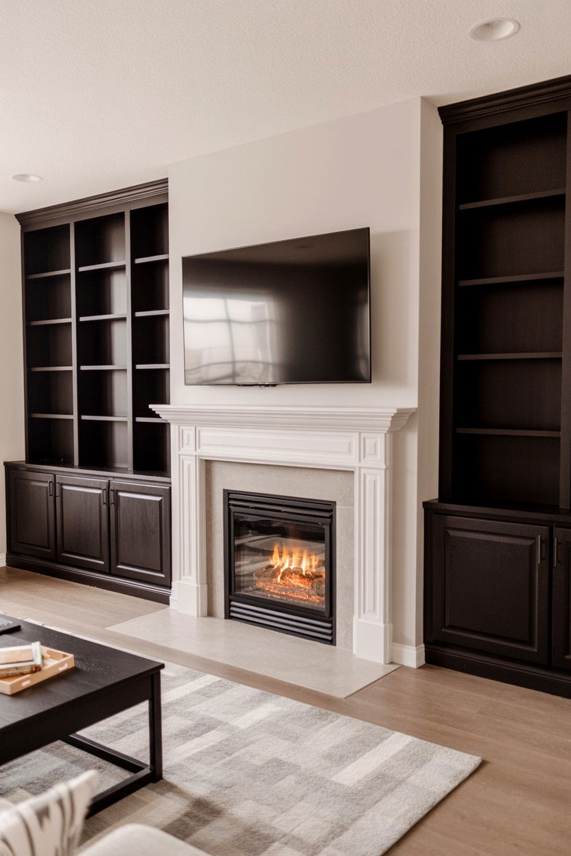Black Fireplace with Integrated Media Center Above - 30 black fireplace ideas