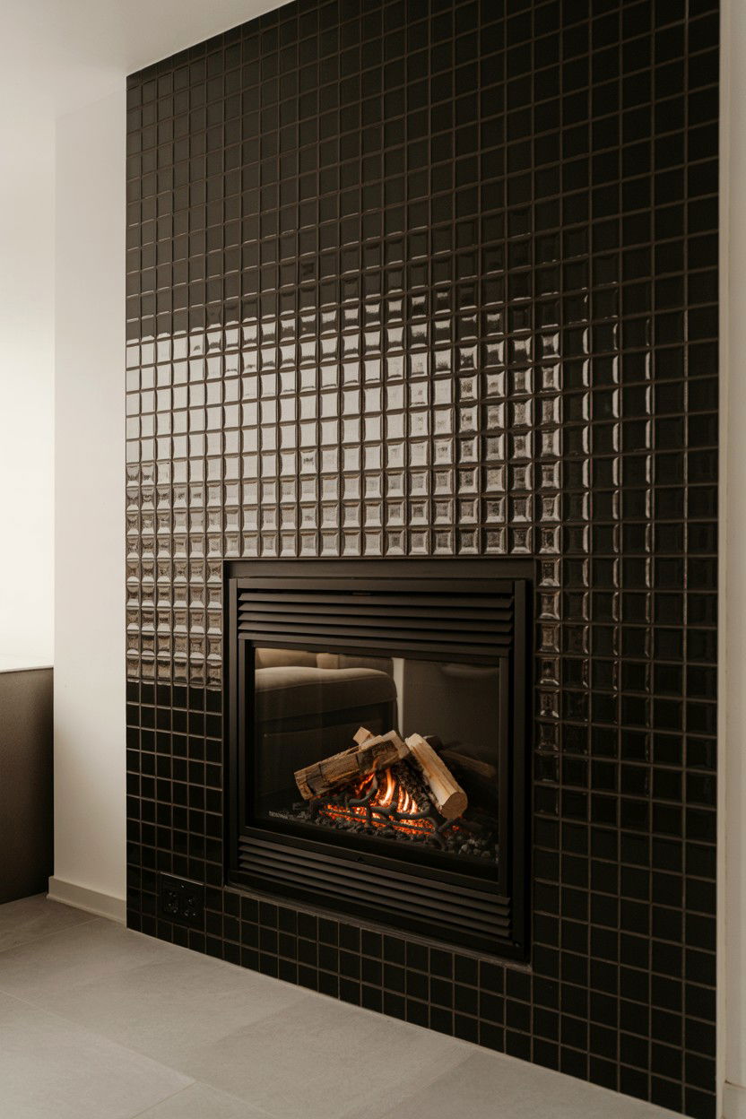 Black Glass Tile Fireplace with Reflective Surface - 30 black fireplace wall ideas
