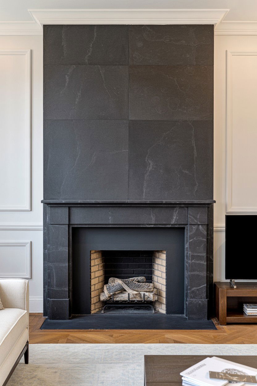 Black Granite Fireplace Surround with Flamed Surface - 30 black fireplace wall ideas