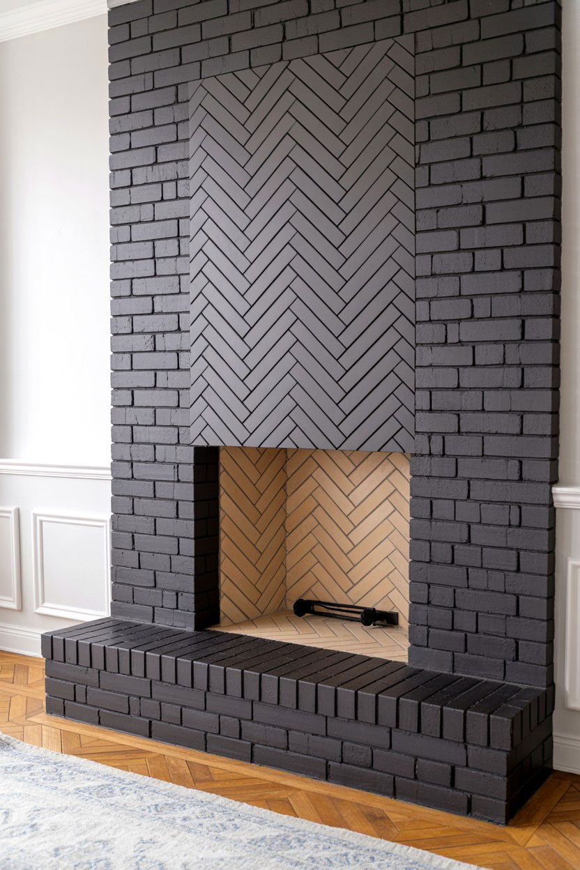 Black Herringbone Brick Fireplace with Classic Pattern - 30 black fireplace ideas