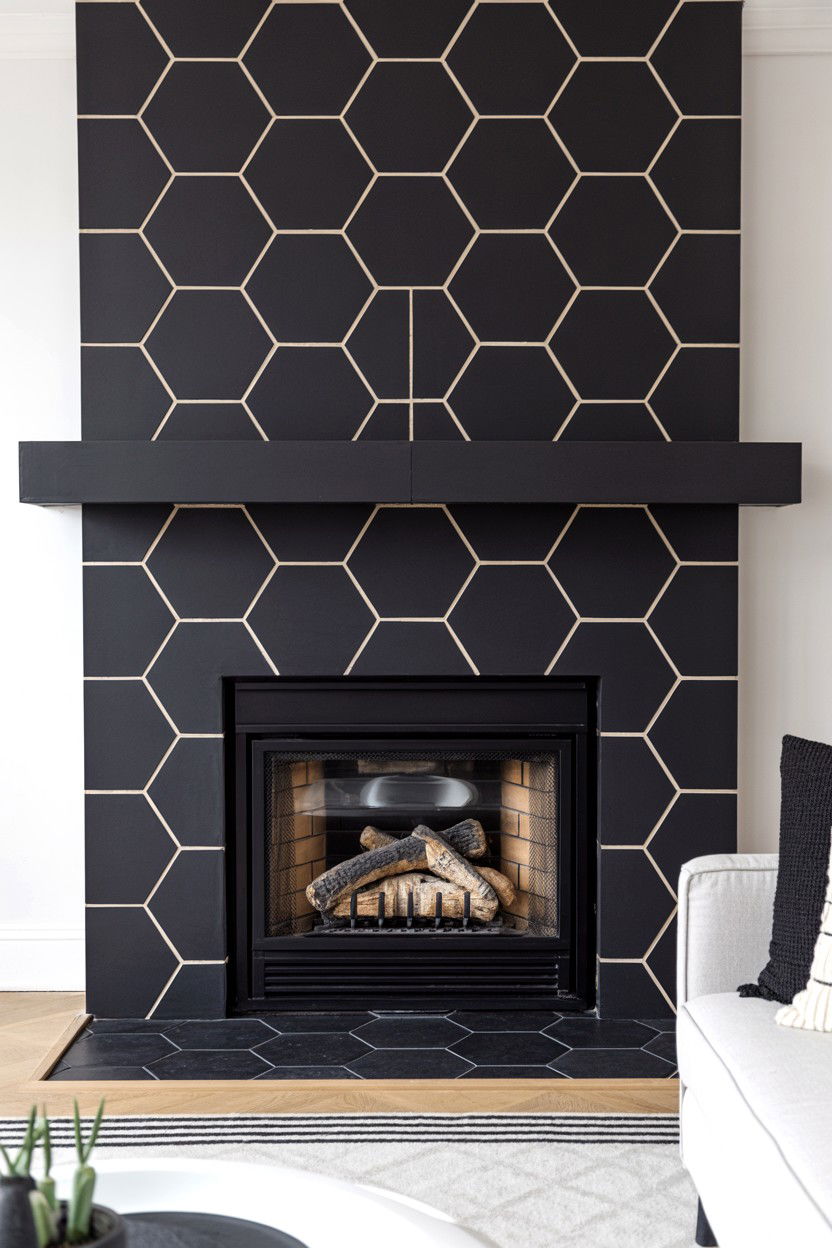 Black Hexagonal Tile Fireplace with Geometric Pattern - 30 black fireplace wall ideas