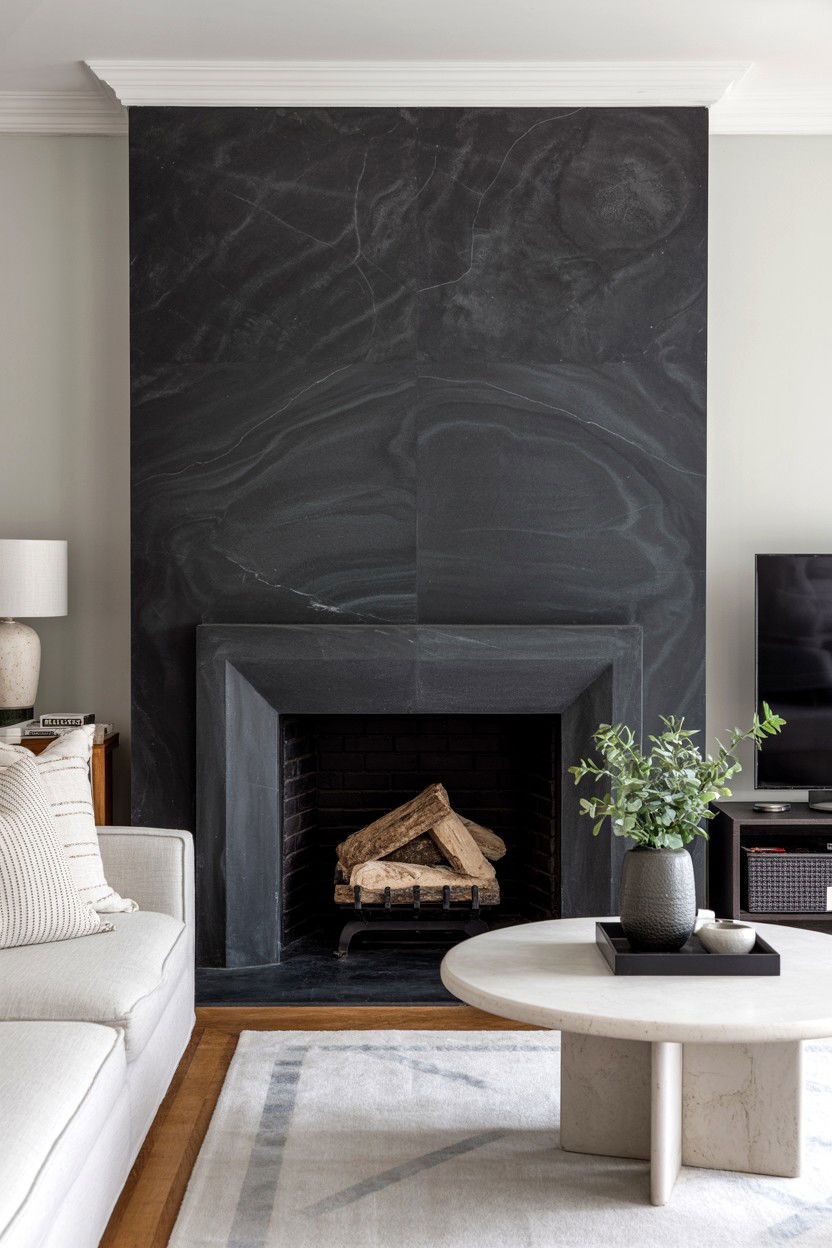 Black Limestone Fireplace with Natural Texture Variations - 30 black fireplace ideas