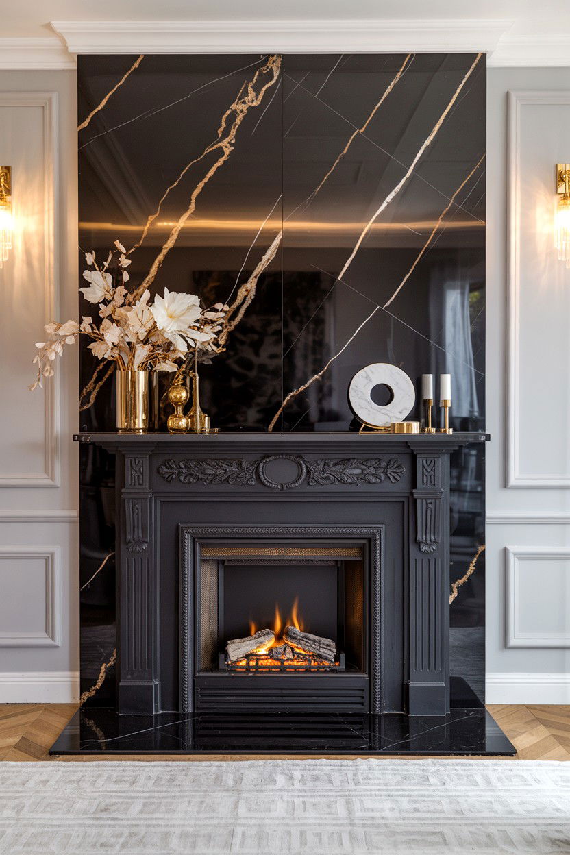 Black Marble Fireplace Wall with Gold Veining - 30 black fireplace wall ideas