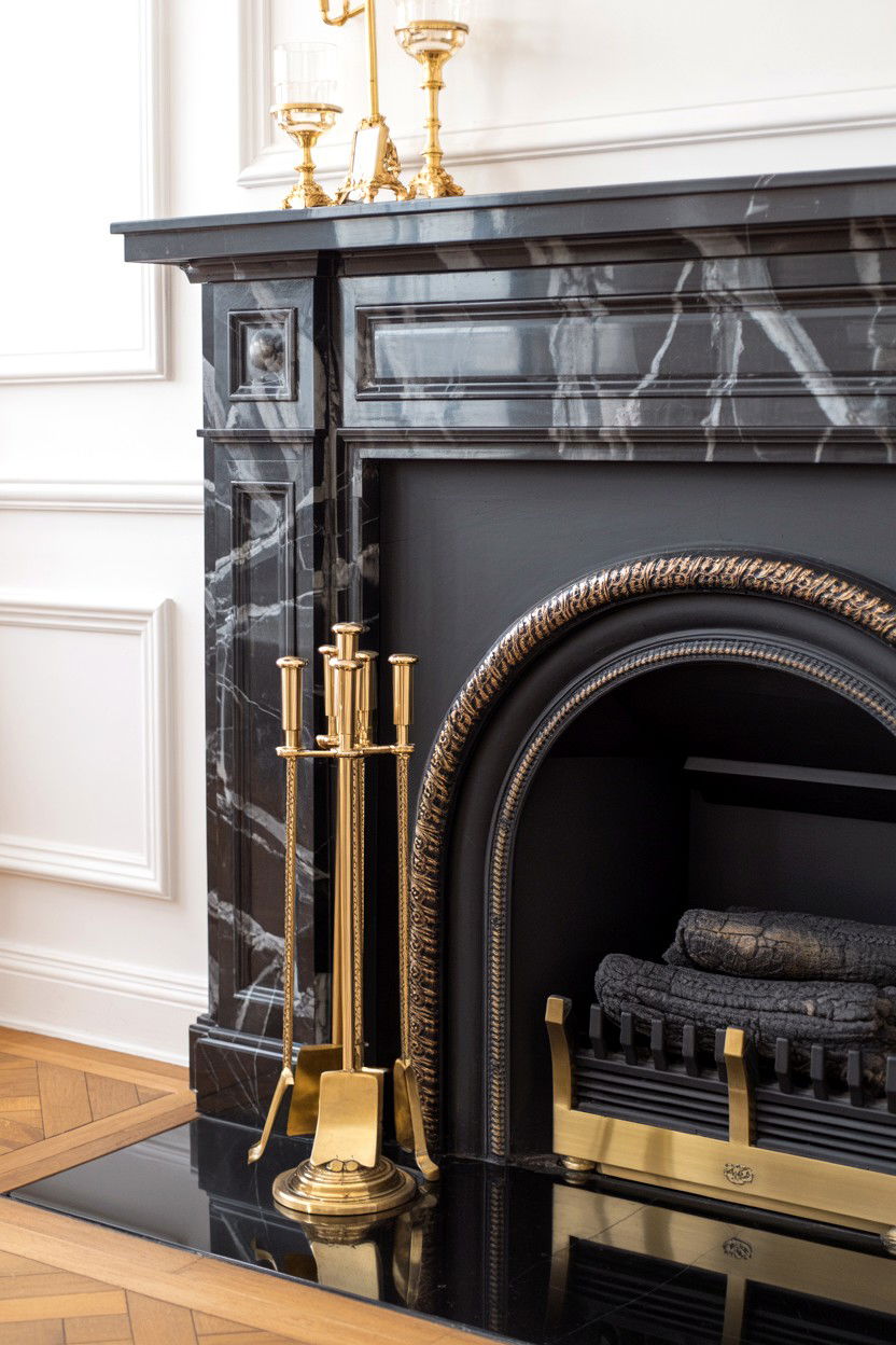 Black Marble Surround with White Veining and Brass Accents - 30 black fireplace ideas