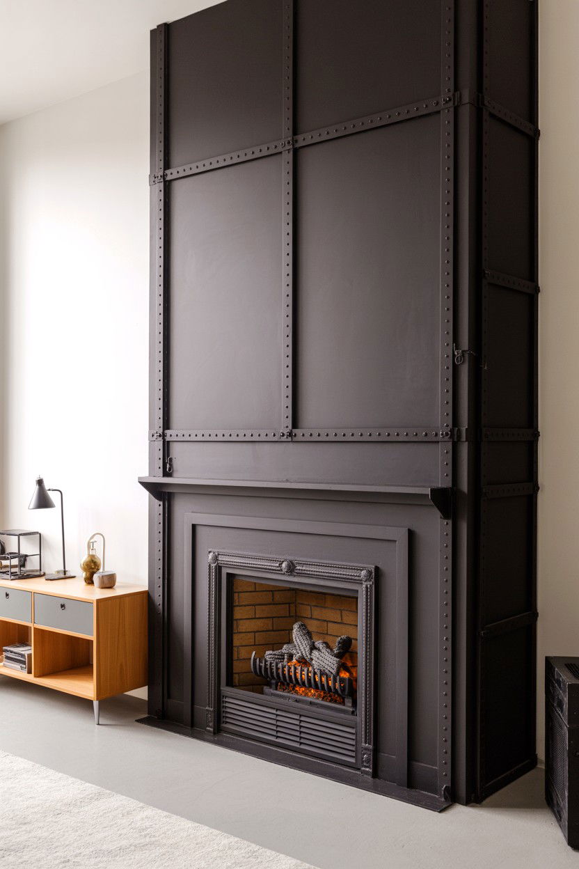 Black Metal Panel Fireplace Surround with Steel Frame - 30 black fireplace wall ideas