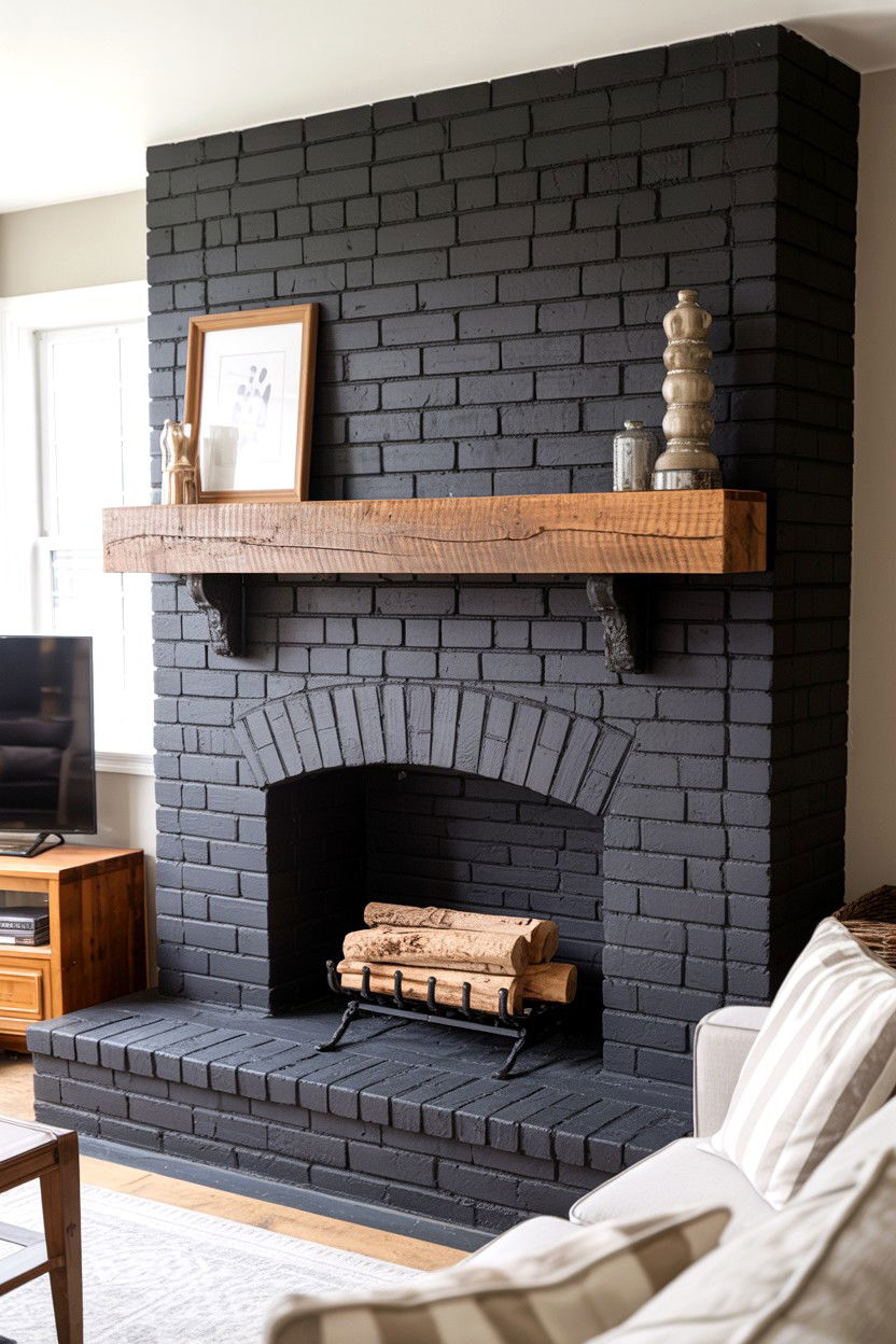 Black Painted Brick Fireplace with Reclaimed Wood Mantel - 30 black fireplace ideas