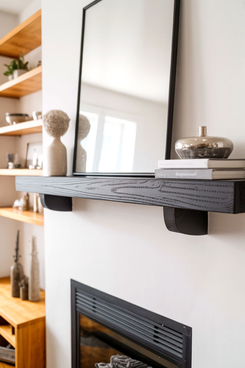 Black Painted Mantel with Floating Shelf Design - 30 black fireplace ideas