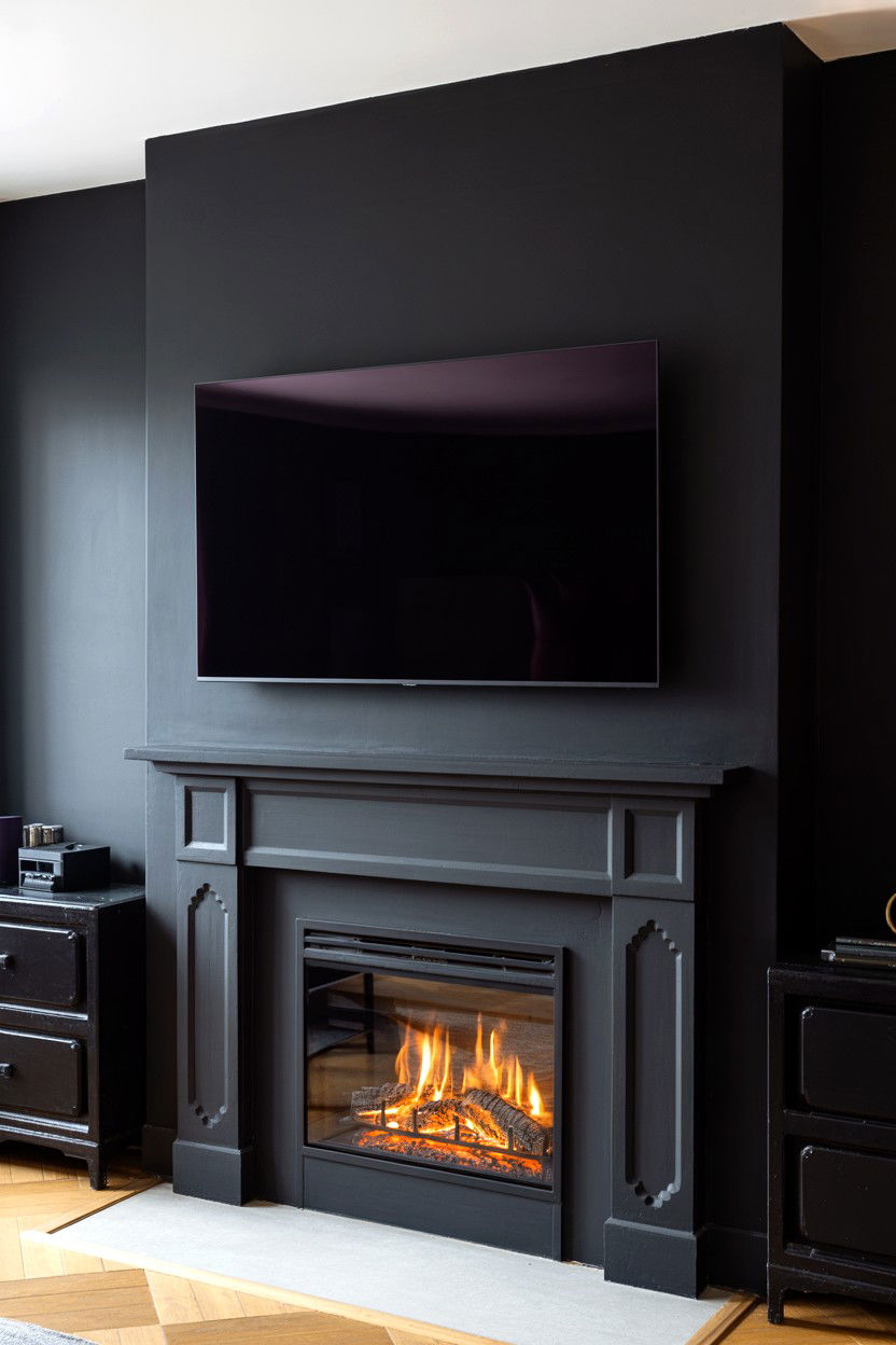 Black Painted Wall with Matching Black TV and Fireplace - 30 fireplace tv wall ideas