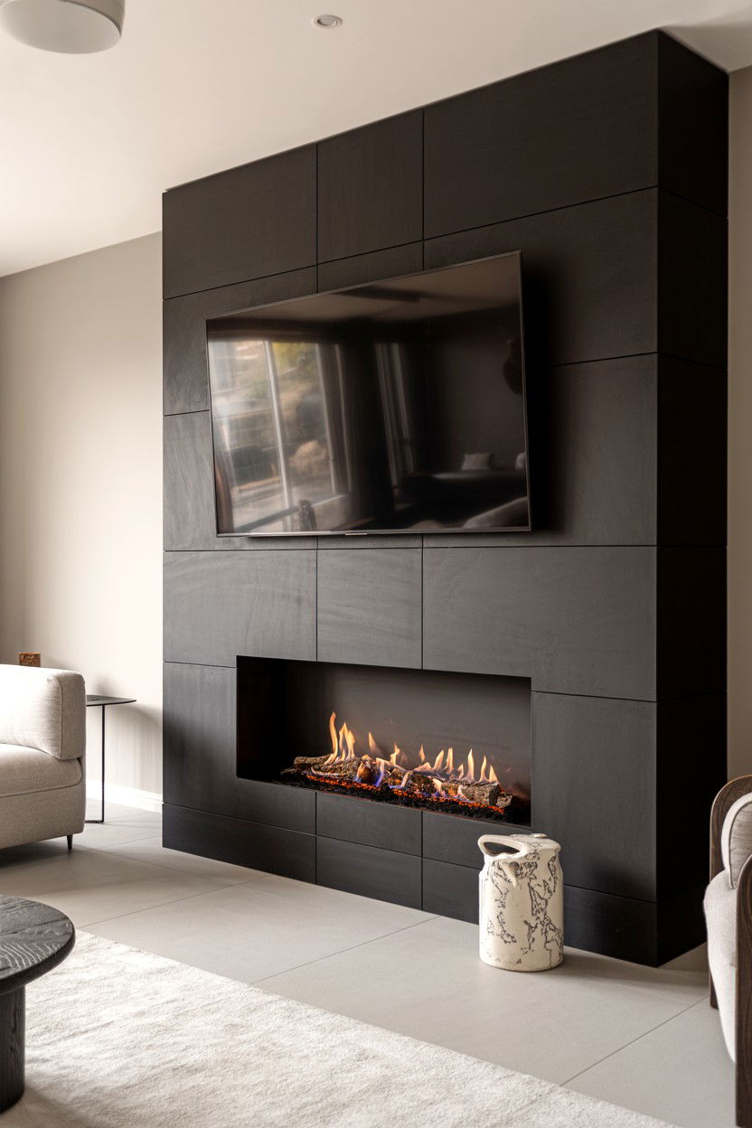 Black Porcelain Slab Fireplace Wall Installation - 30 black fireplace wall ideas