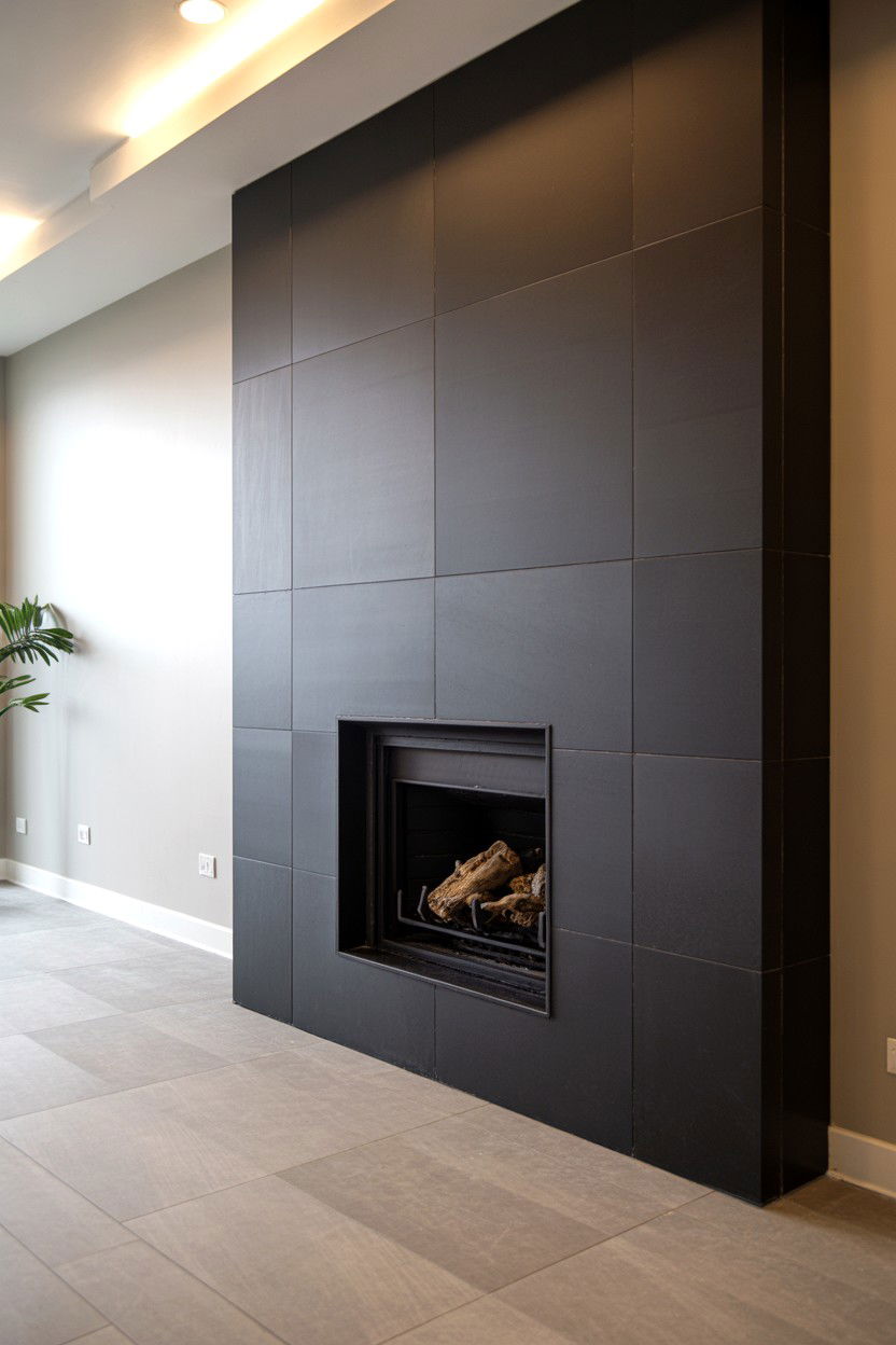 Black Porcelain Tile Fireplace with Large Format Panels - 30 black fireplace ideas