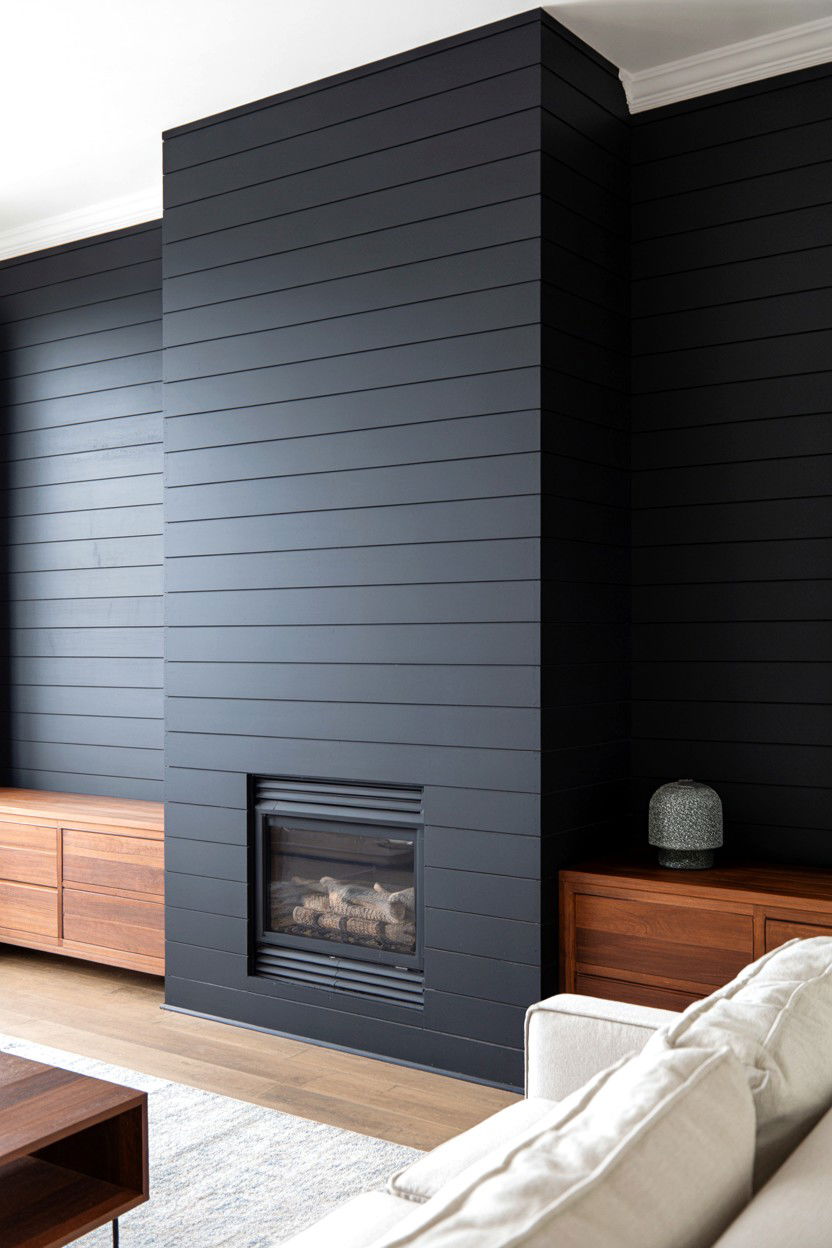 Black Shiplap Fireplace Wall with Floor to Ceiling Coverage - 30 black fireplace ideas