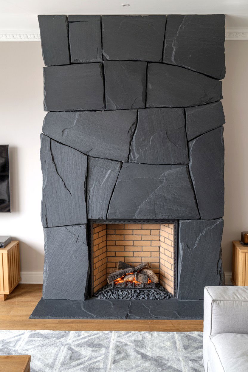 Black Slate Fireplace with Natural Cleft Texture - 30 black fireplace ideas