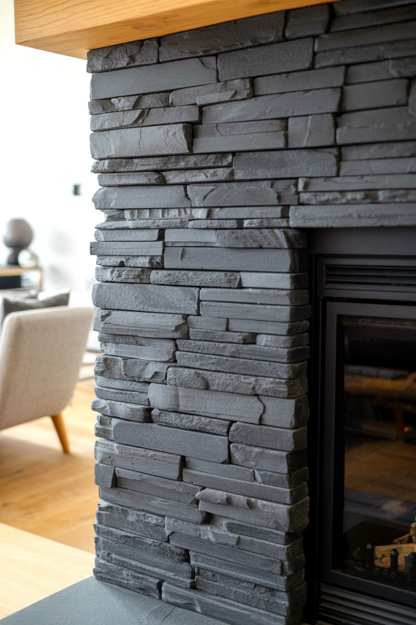 Black Slate Stacked Ledger Panel Fireplace - 30 black fireplace wall ideas