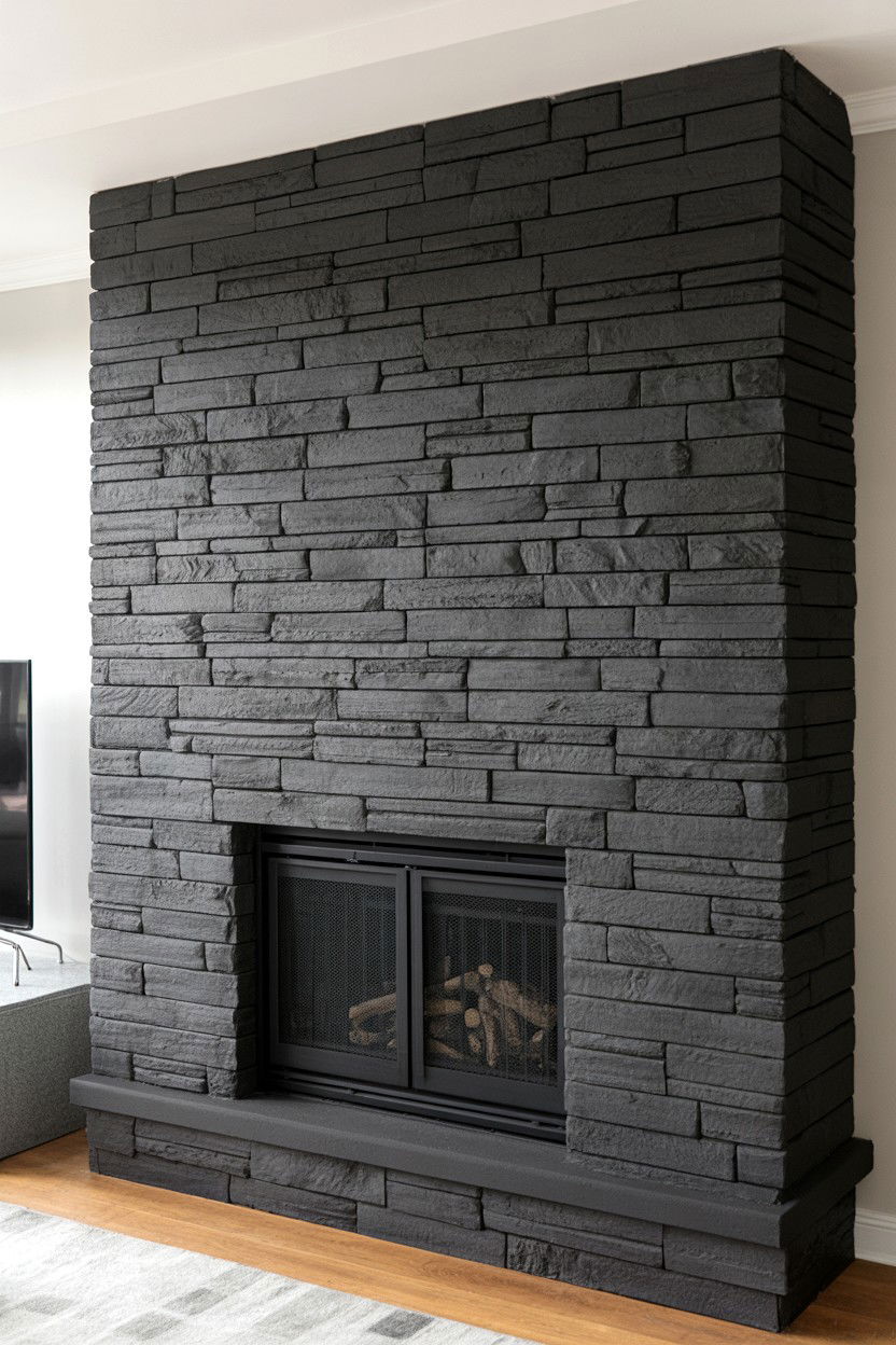 Black Stacked Stone Fireplace with Three Dimensional Texture - 30 black fireplace ideas
