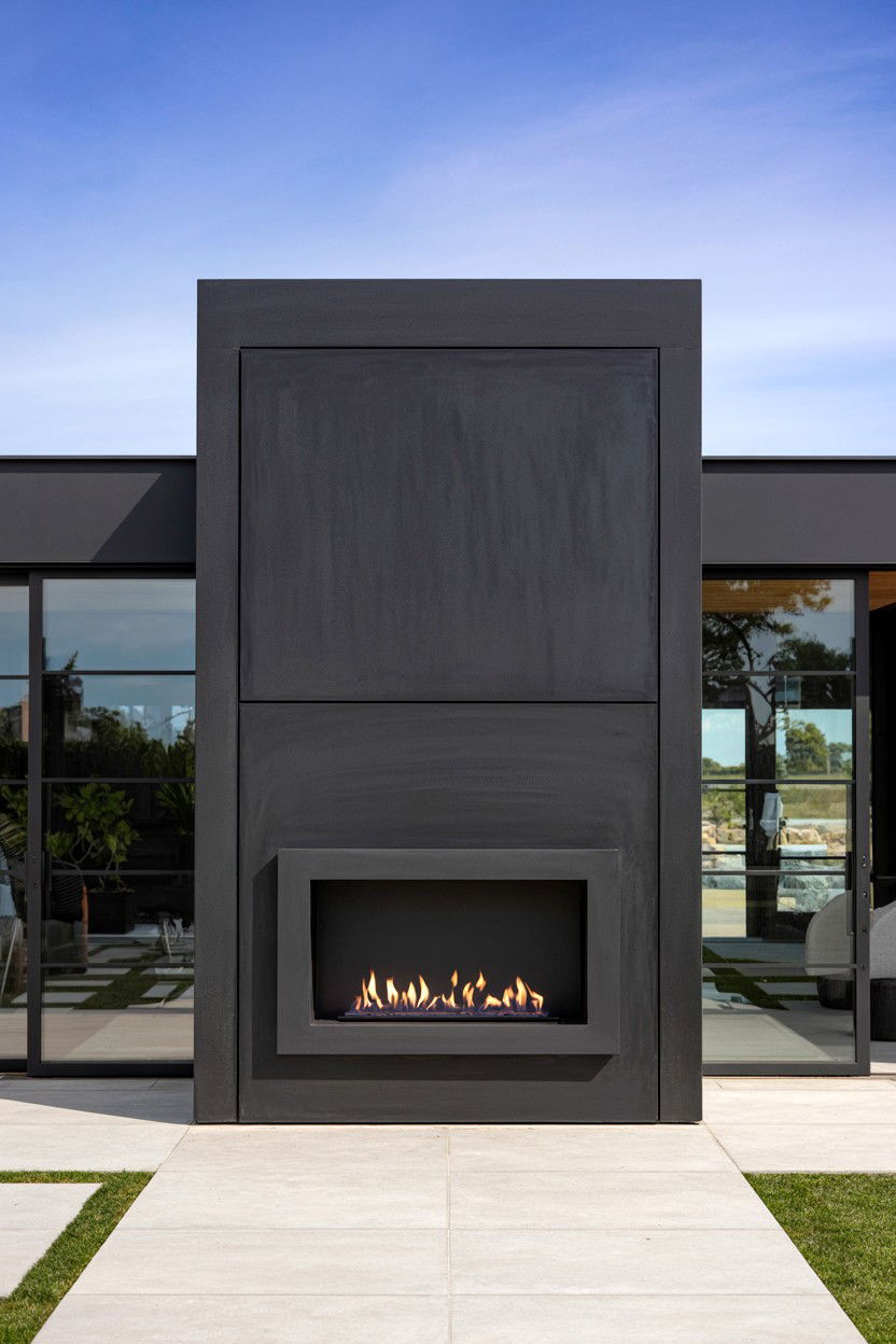 Black Steel Minimalist Fireplace - 30 outdoor fireplace ideas