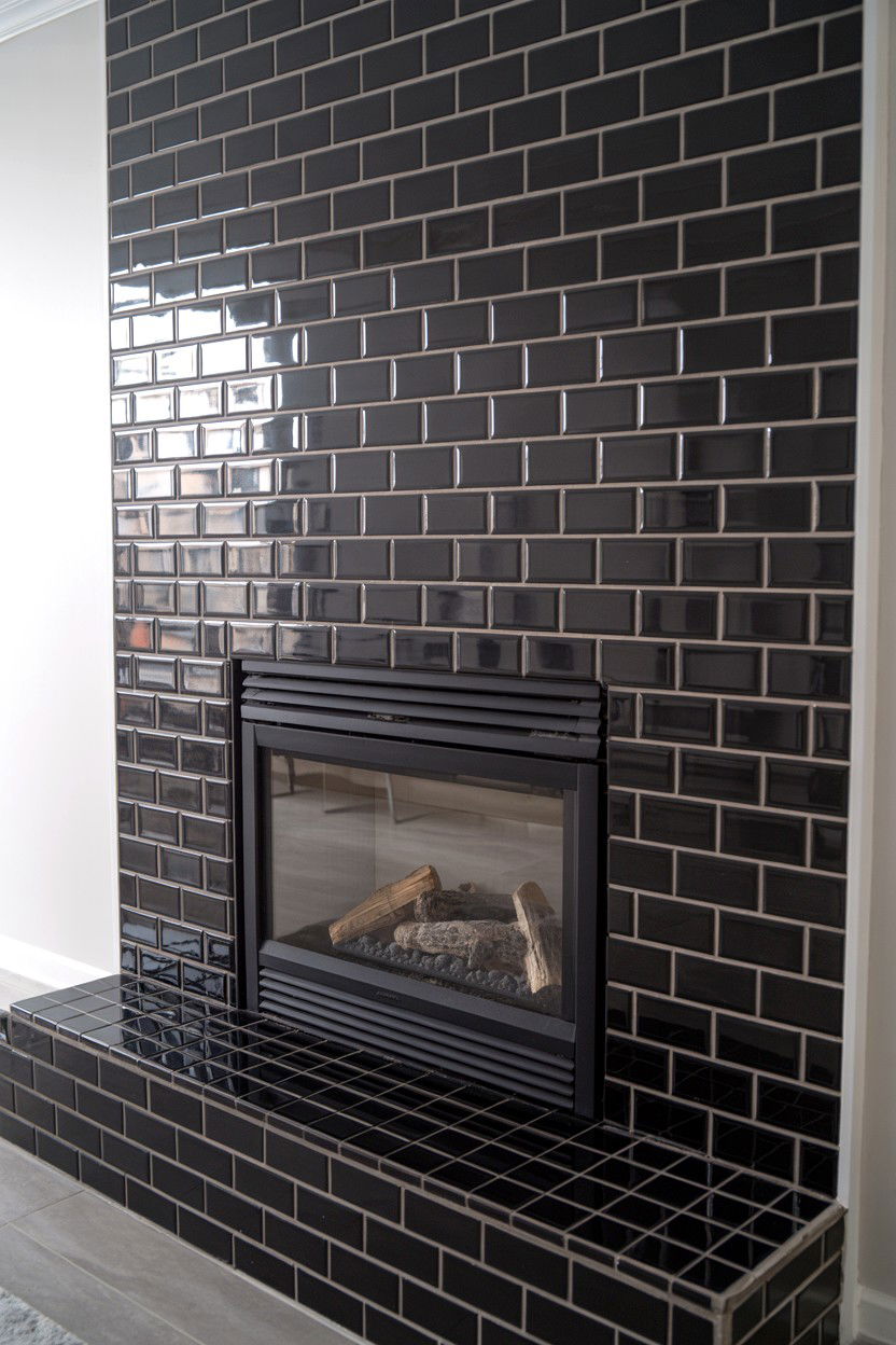 Black Subway Tile Fireplace Surround with White Grout - 30 black fireplace wall ideas