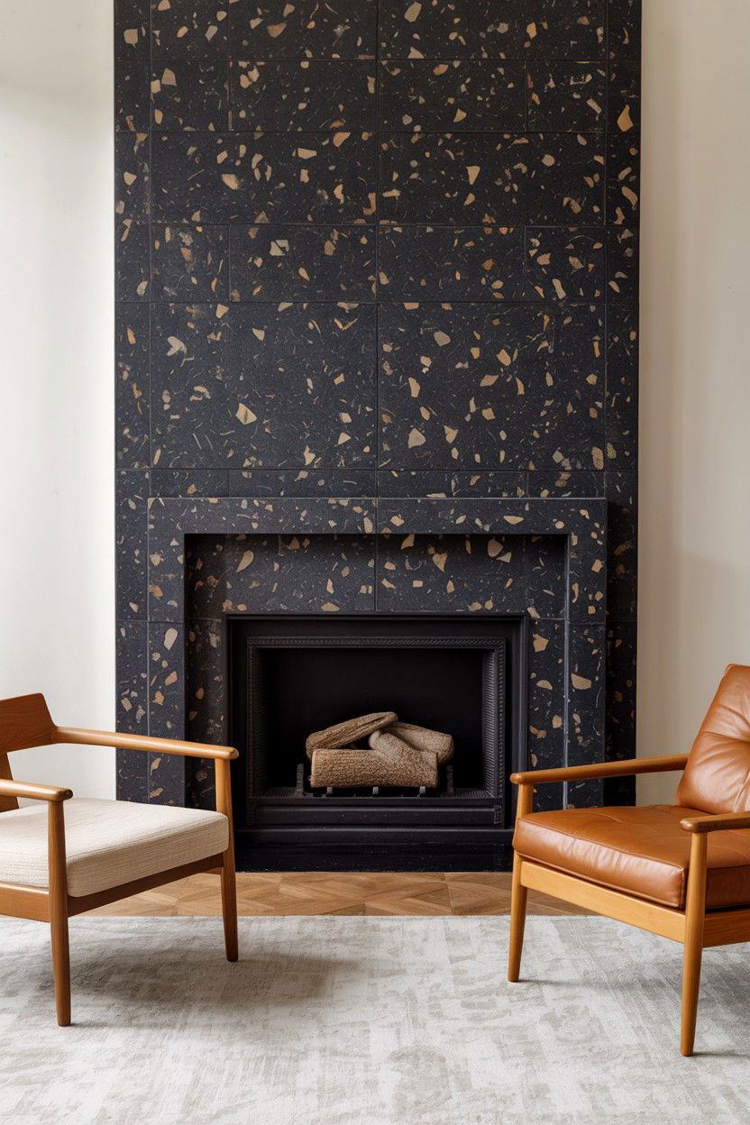 Black Terrazzo Fireplace with Embedded Stone Chips - 30 black fireplace wall ideas