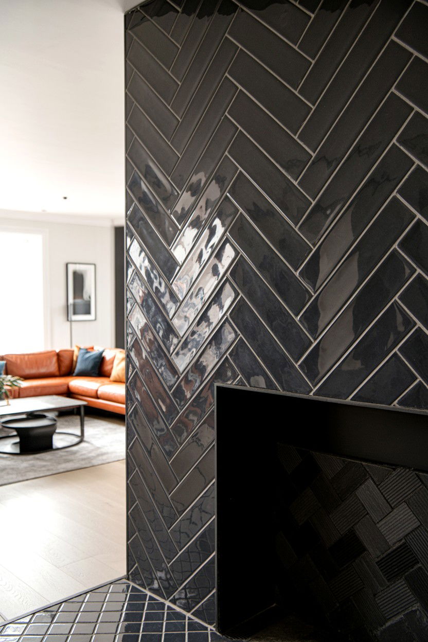 Black Tile Fireplace with Geometric Pattern Arrangement - 30 black fireplace ideas