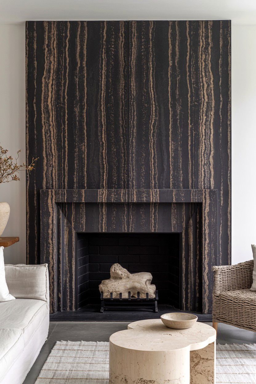Black Travertine Fireplace with Filled Surface Texture - 30 black fireplace wall ideas