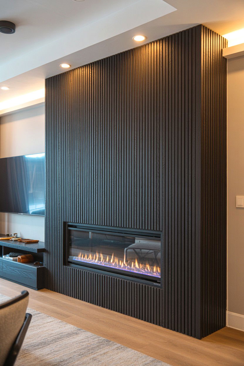 Black Vertical Slatted Wood Fireplace Wall - 30 black fireplace wall ideas