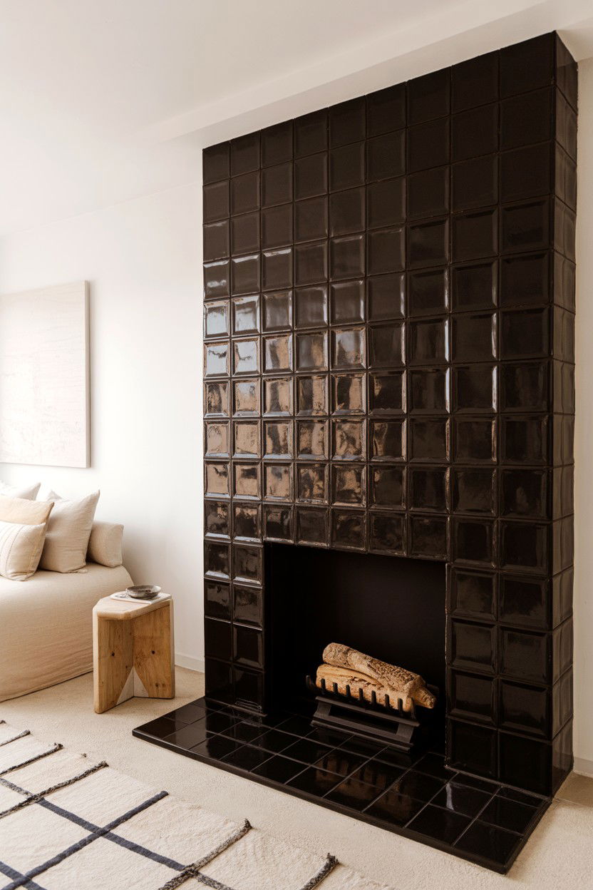 Black Zellige Tile Fireplace with Handcrafted Finish - 30 black fireplace wall ideas