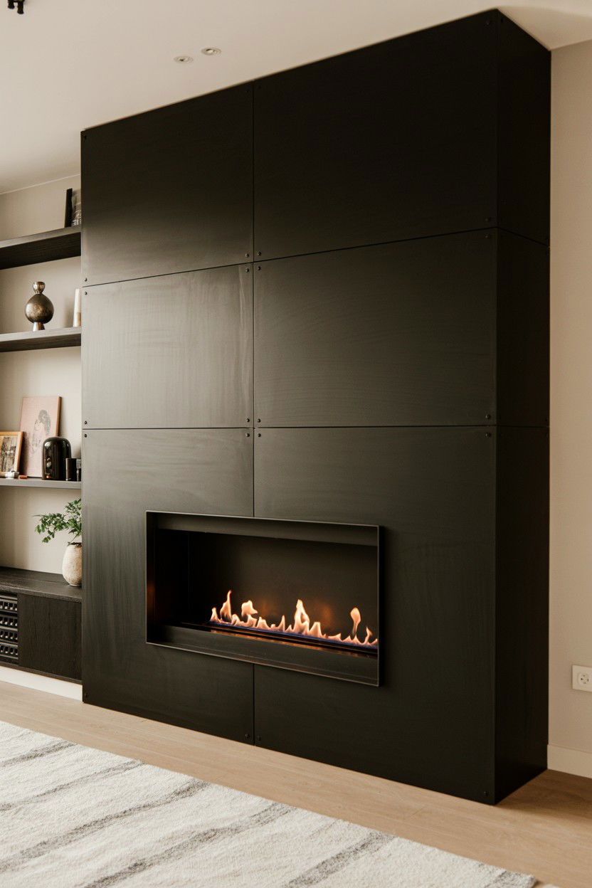 Blackened Steel Surround with Minimalist Bioethanol Fireplace - 30 built in fireplace ideas