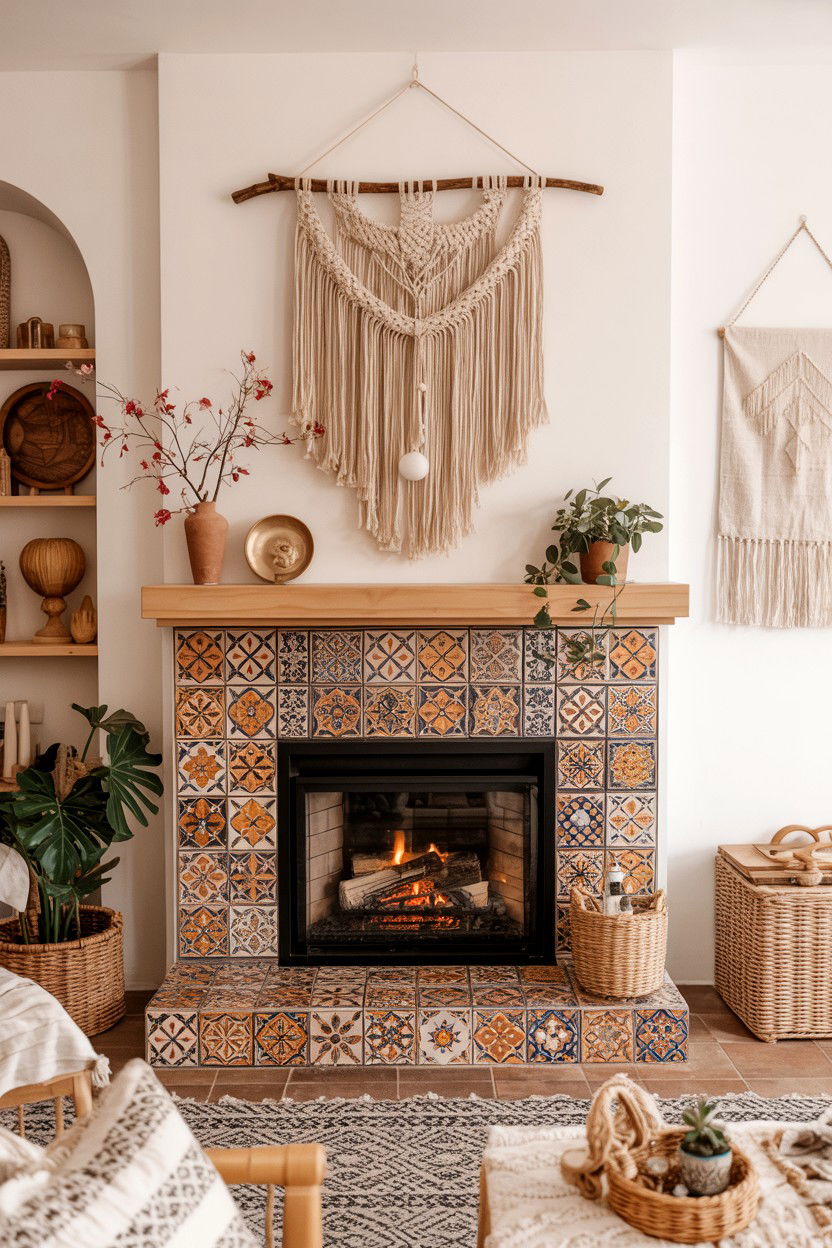 Bohemian Eclectic Fireplace with Colorful Tile and Macrame - 30 faux fireplace ideas