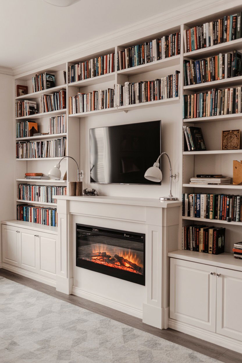 Bookshelf Integration With Library Fireplace Wall - 30 electric fireplace ideas with tv