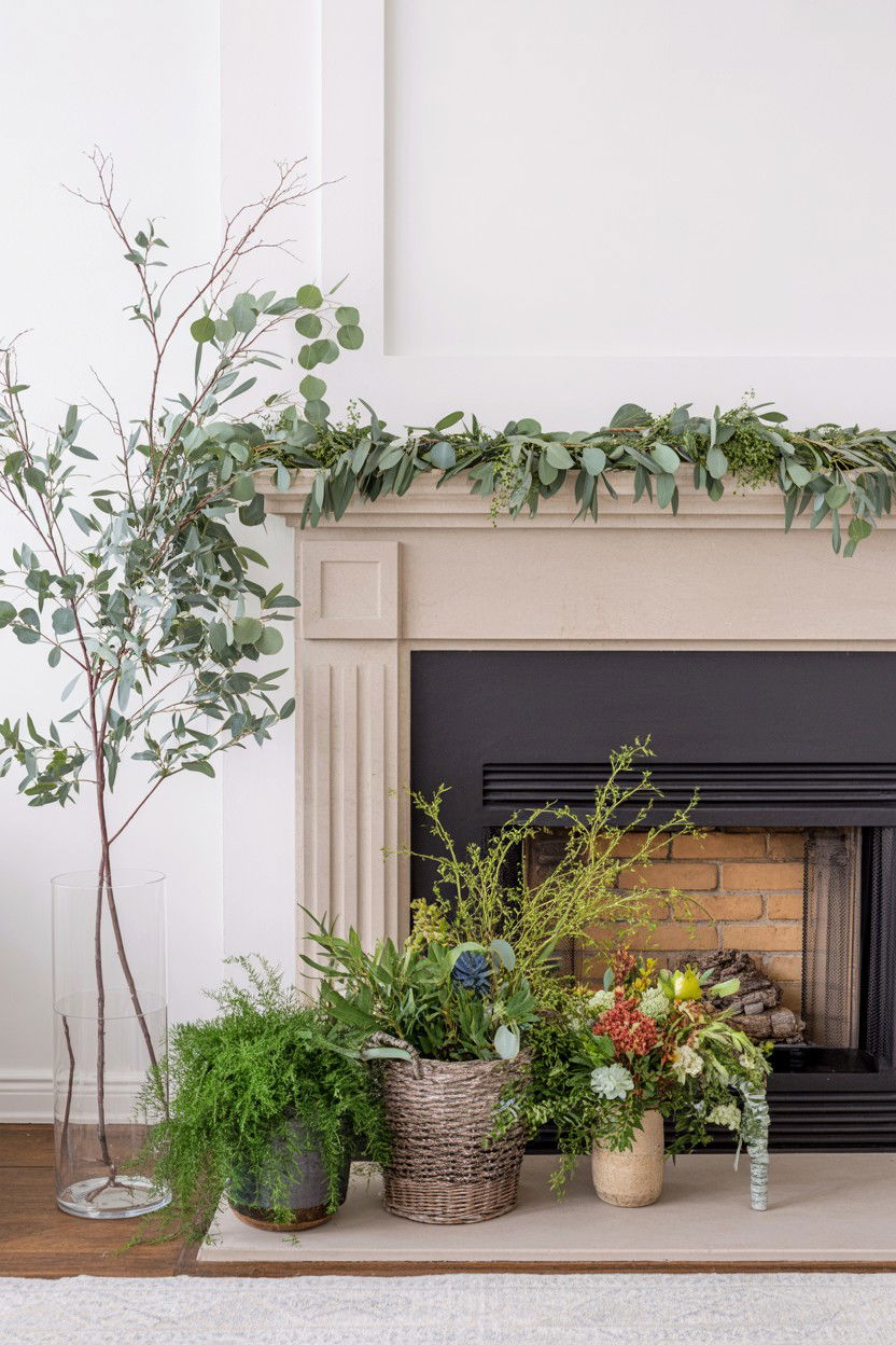 Botanical Fireplace with Fresh Greenery and Florals - 30 best fireplace decor ideas