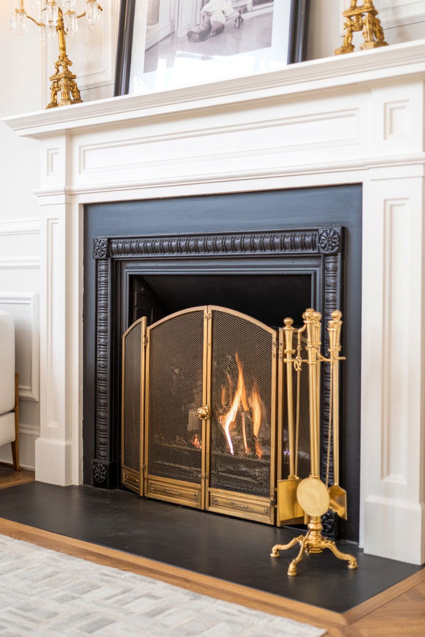 Brass Accented Fireplace with Warm Metallic Glow - 30 cozy fireplace aesthetic ideas