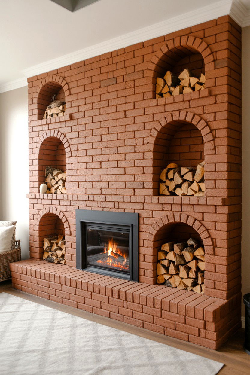 Brick Fireplace with Integrated Wood Storage - 30 brick fireplace ideas