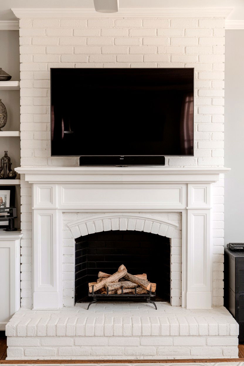 Brick Fireplace with Painted White Finish - 30 tv over fireplace ideas