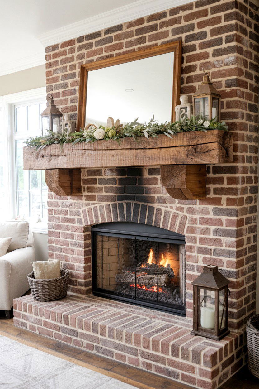 Brick Fireplace with Rustic Beam Mantel - 30 brick fireplace ideas