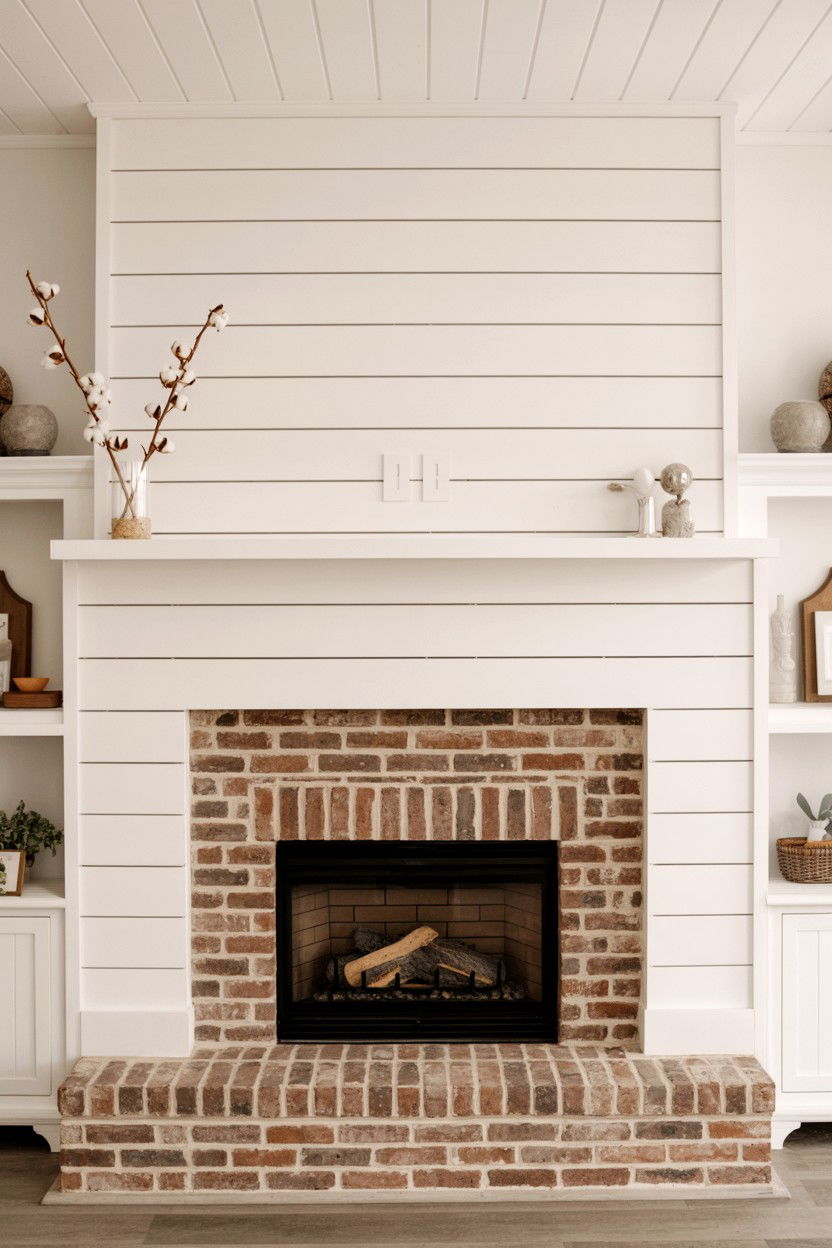 Brick Fireplace with Shiplap Surround - 30 brick fireplace ideas