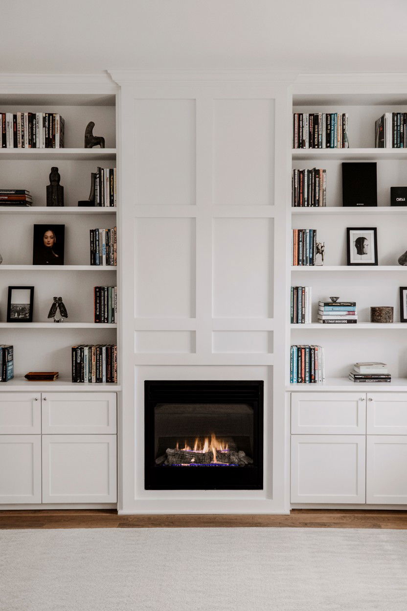 Built In Bookshelf Wall with Centered Fireplace - 30 gas fireplace ideas