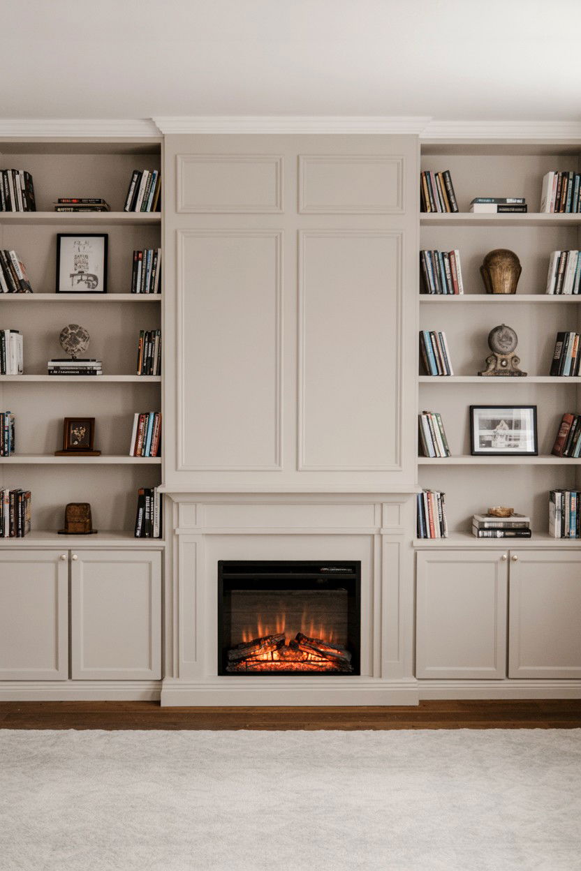 Built In Bookshelf Wall with Central Electric Fireplace - 30 faux fireplace ideas
