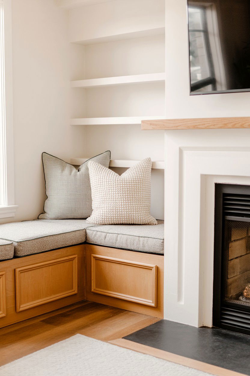 Built In Fireside Seating with Cozy Functionality - 30 cozy fireplace aesthetic ideas